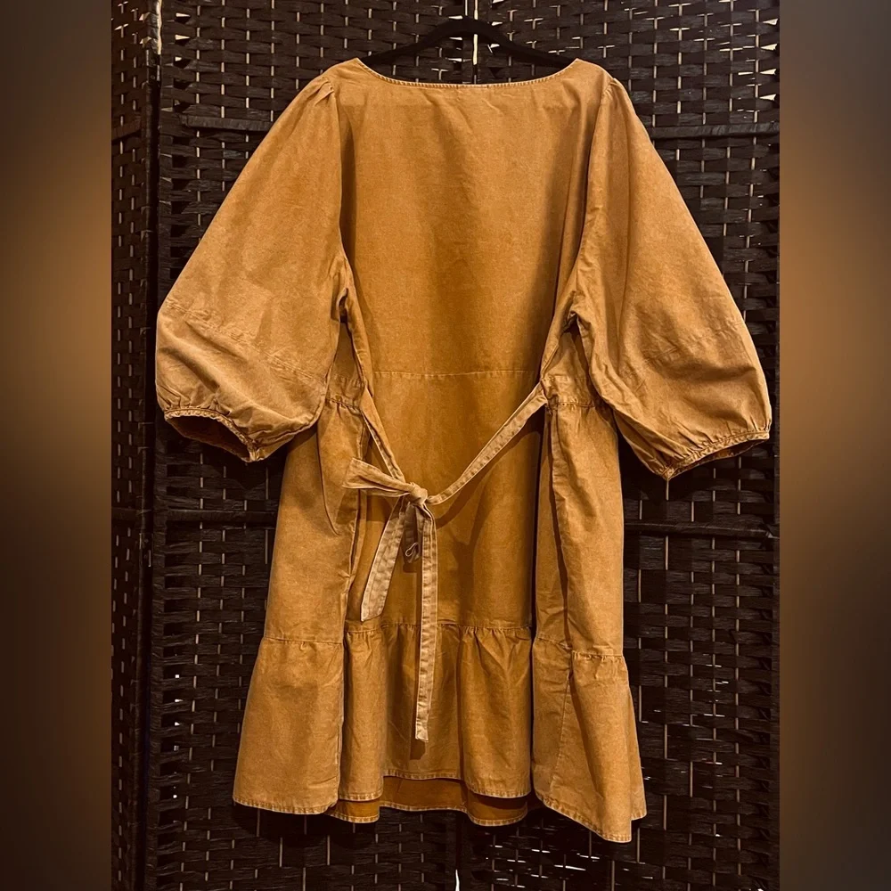 Ava & Viv tiered dress. Balloon 3/4-Sleeve A-Line. Midi, 100% cotton. Mustard 4X - Picture 5 of 12